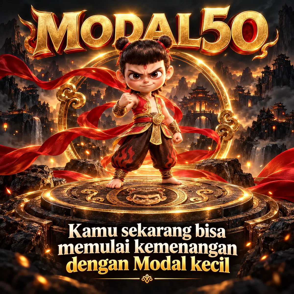 Poster lengkap Modal50 dengan maskot, pita merah dan lingkaran emas